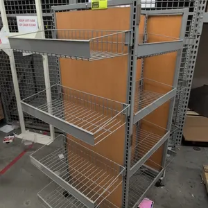 Metal 4-sided portable merchandise display rack. Features gray metal frame with wood-finish back panels and adjustable wire basket display shelves. Di
