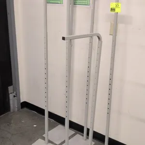 Metal adjustable hanging sign stands. Features telescoping uprights with push-button height adjustment, top arms with dual hanging hooks, and square f