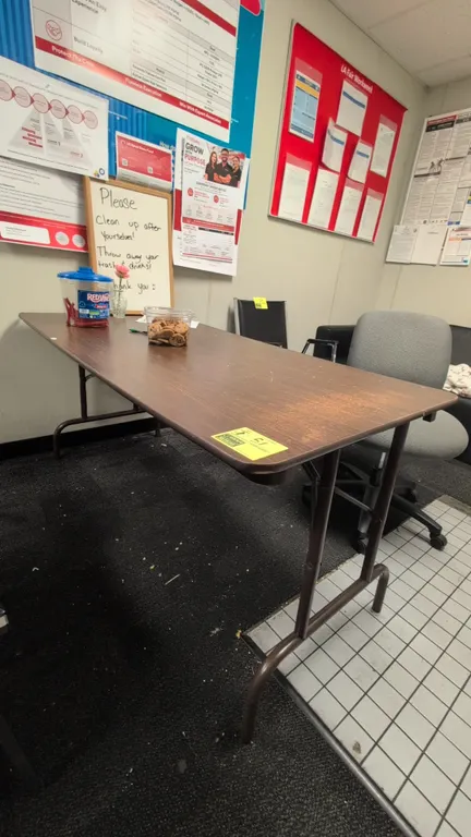 Folding tables. Features woodgrain laminate tops, a fold-in-half molded plastic table, and folding metal bases. Includes (2) 72"L, (1) 60"L, and (1) 4