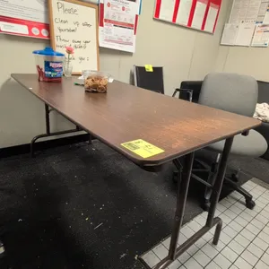 Folding tables. Features woodgrain laminate tops, a fold-in-half molded plastic table, and folding metal bases. Includes (2) 72"L, (1) 60"L, and (1) 4