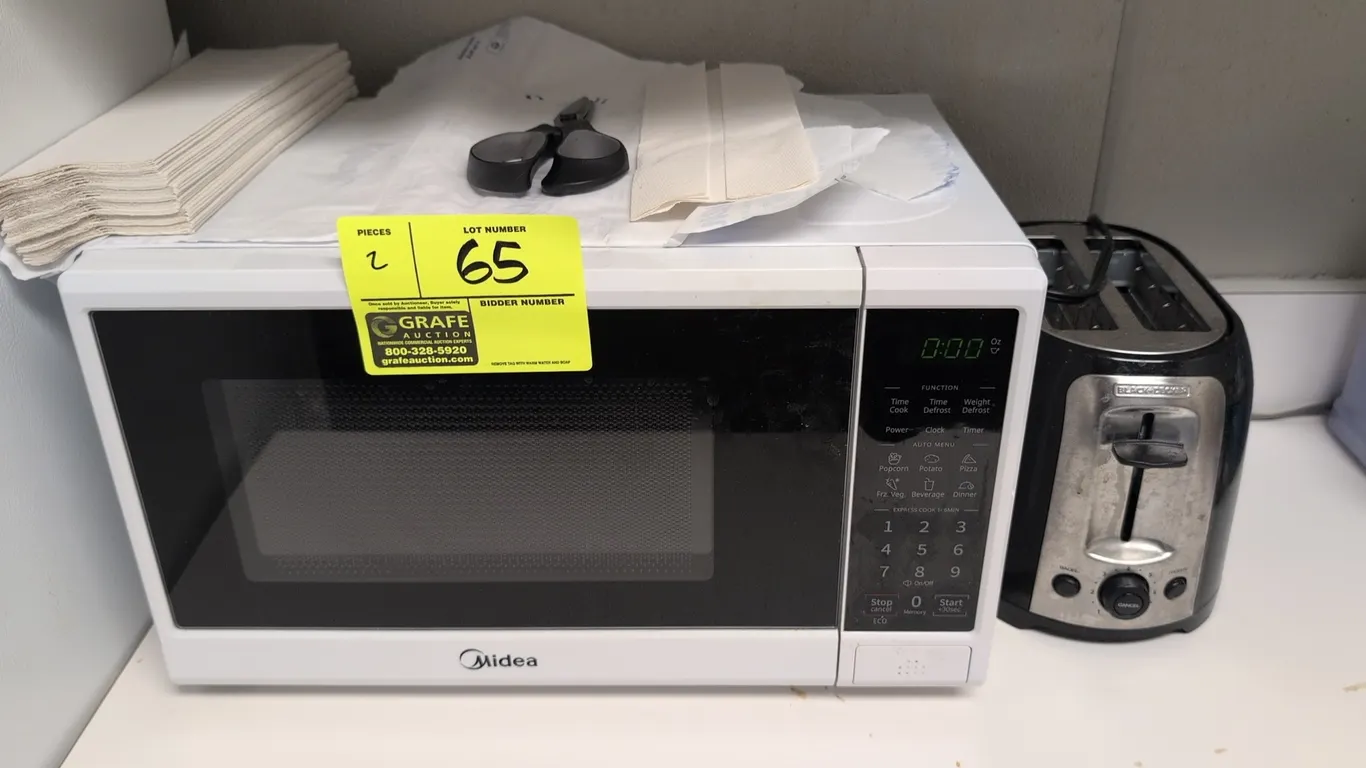 Midea countertop microwave and Black + Decker 2-slice toaster. Microwave measures 17"W and features digital push-button controls, digital display, and