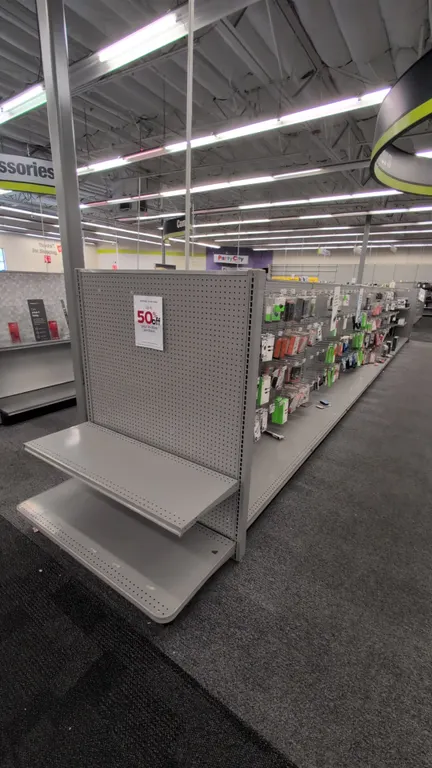 72'L of Madix gondola shelving. 60"H uprights with 22"D base shelves. Features gray pegboard backing. Contents not included. Note: Sold by the foot, m