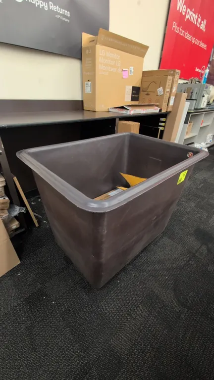 Poly portable dump bin. Features molded polyethylene construction with a reinforced perimeter rim. 40". Contents not included.