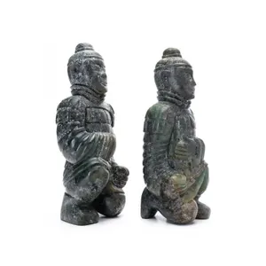 PAIR CHINESE CARVED HARDSTONE KNEELING WARRIORS