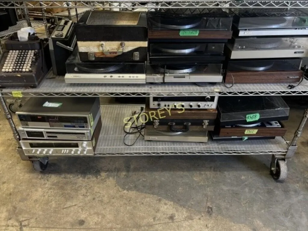 2 Shelves; Turntables, Adding Machine, Etc.