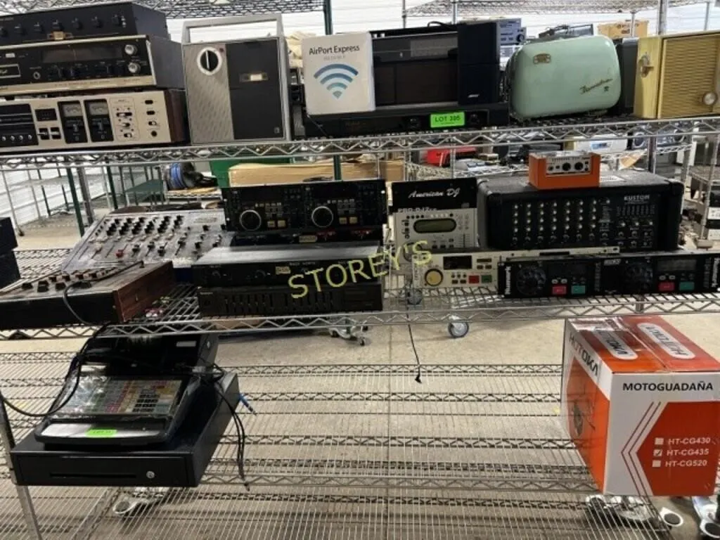Shelf Lot of Stereos, Sounds Boards, Amplifiers, E