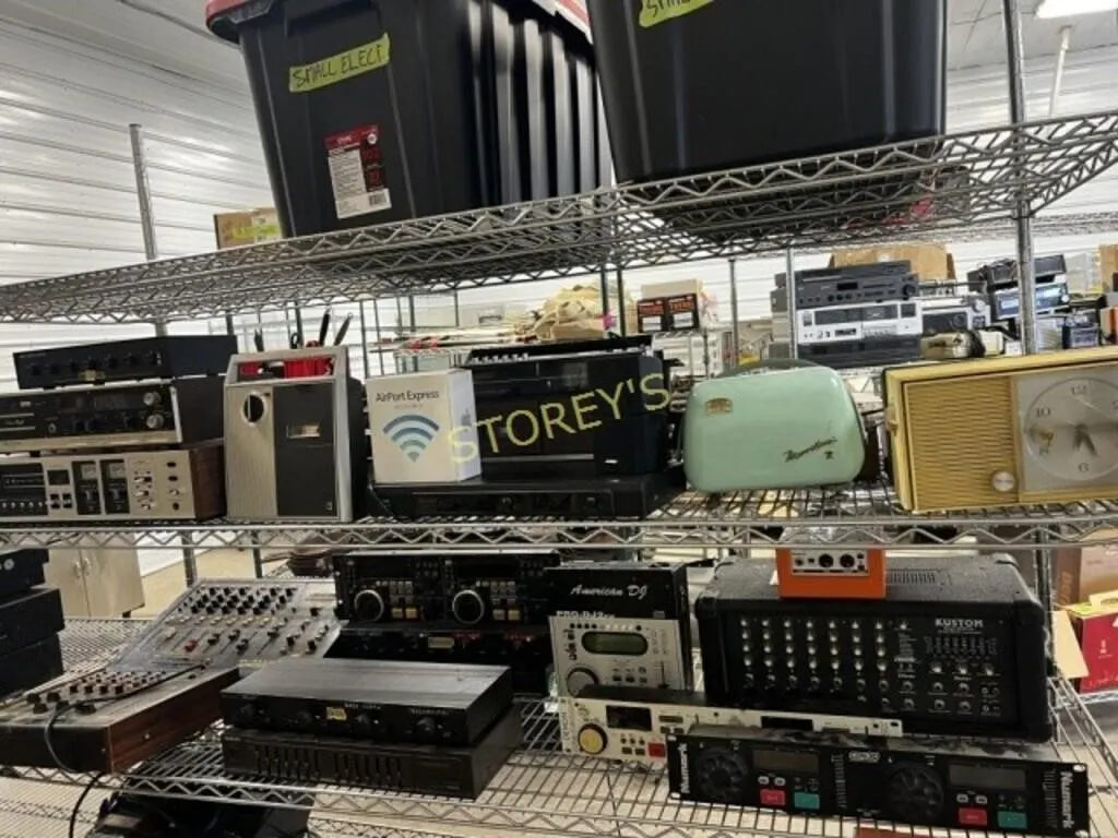 Shelf Lot of Stereos, A Track Players, Etc.