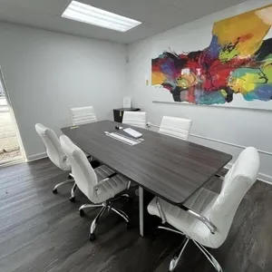 CONFERENCE TABLE WITH 6 WHITE LEATHER ROLLING CHAI