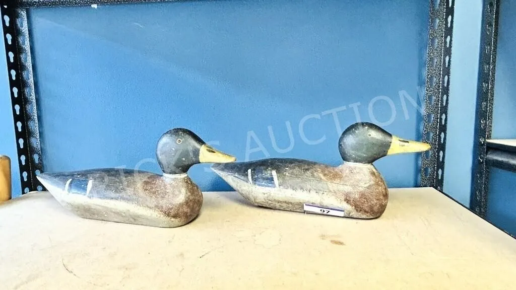 pair of antique wood duck decoys - 16" long