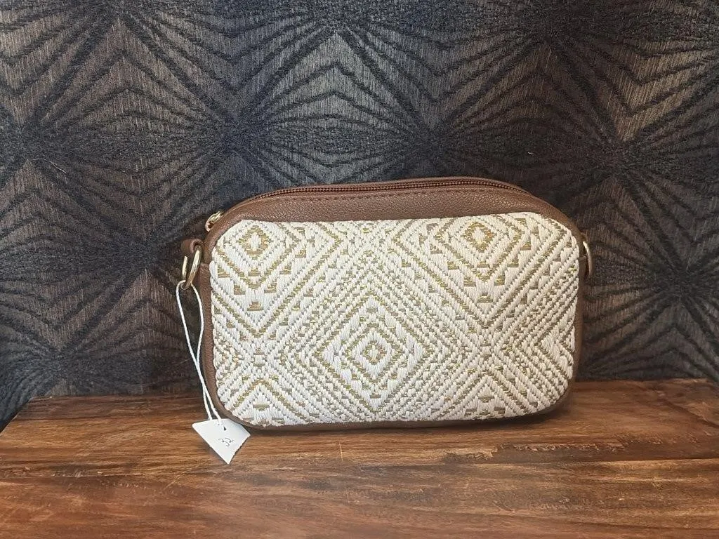 Brown and cream patterned raffia crossbody bag