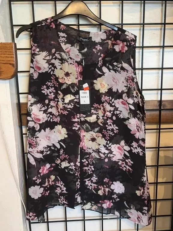 L Papa black sleeveless sheer floral blouse