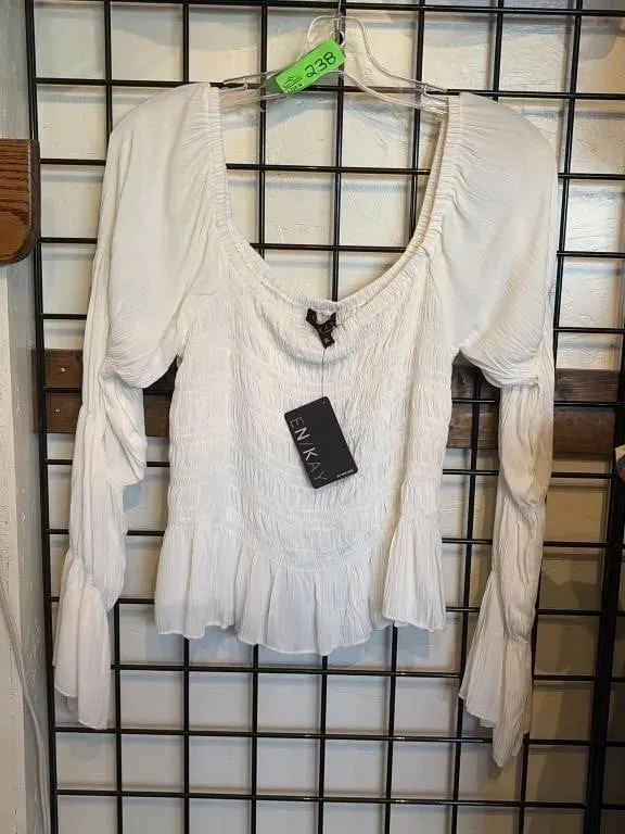 XL Navleen white long-sleeve smocked top
