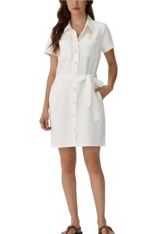 White Linen Blend Button Down Shirt Dress Medium