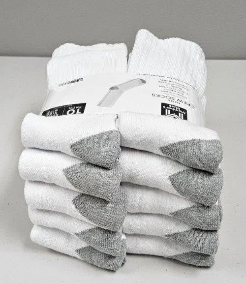 Mens Crew Socks Size 6-12 10 Pair White