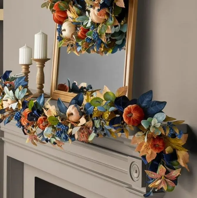Blue Harvest Floral Garland With Pumpkins
