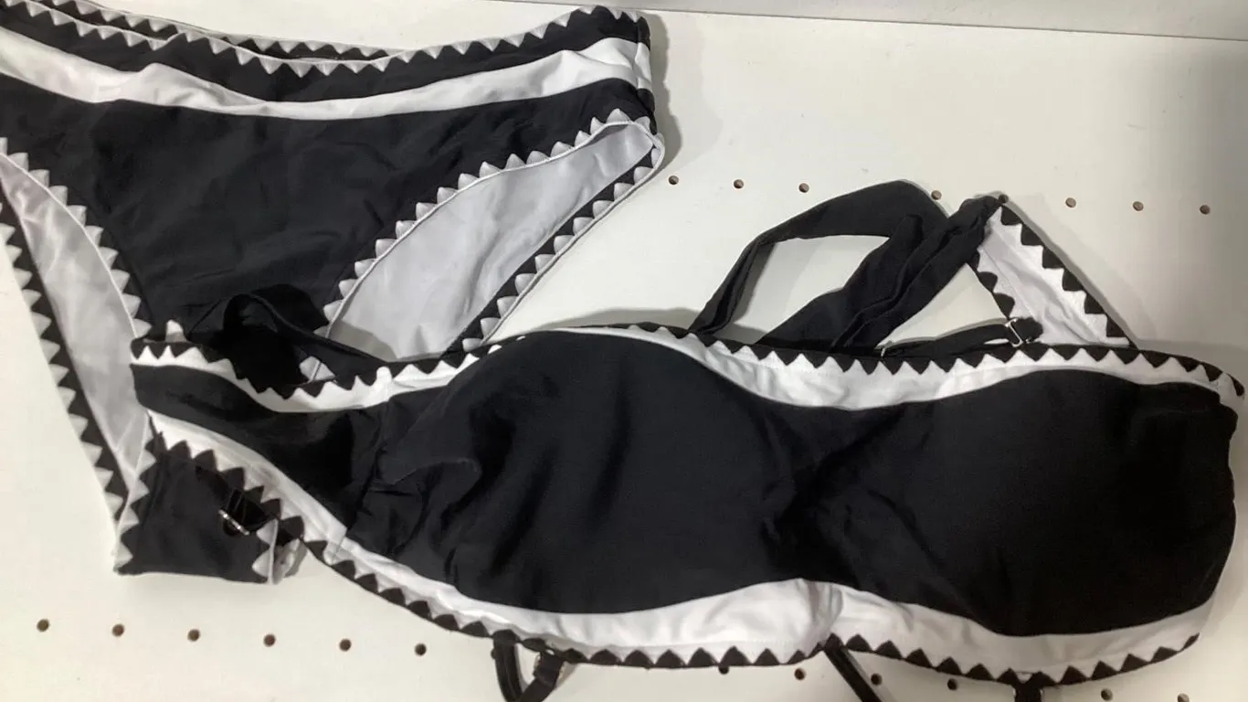 Womens Scalloped Trim Bikini Set Black White Large