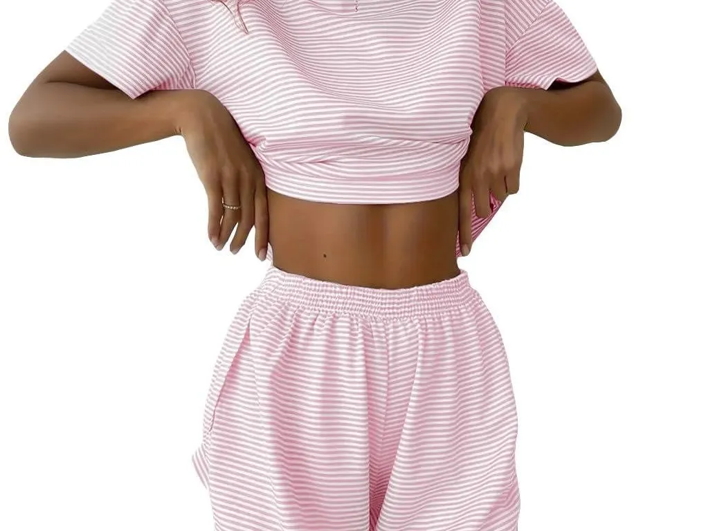 Cioatin Women Y2K Striped 2 Piece Pajama Set Pink