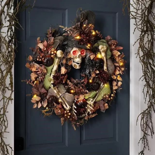 Pre-Lit 26 Inch Skeleton Halloween Wreath