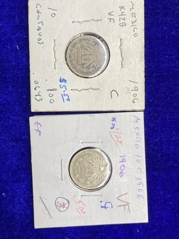Mexico 1906 10 Centavos Silver Coins (2)