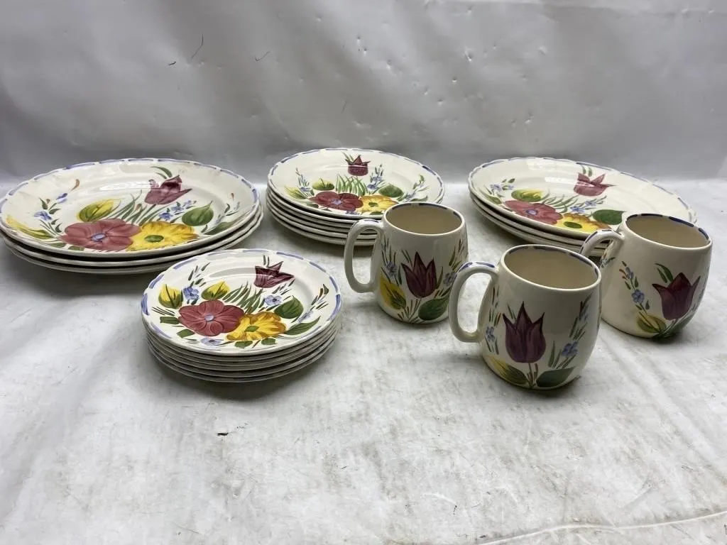 Hand-painted floral china set: plates, mugs &