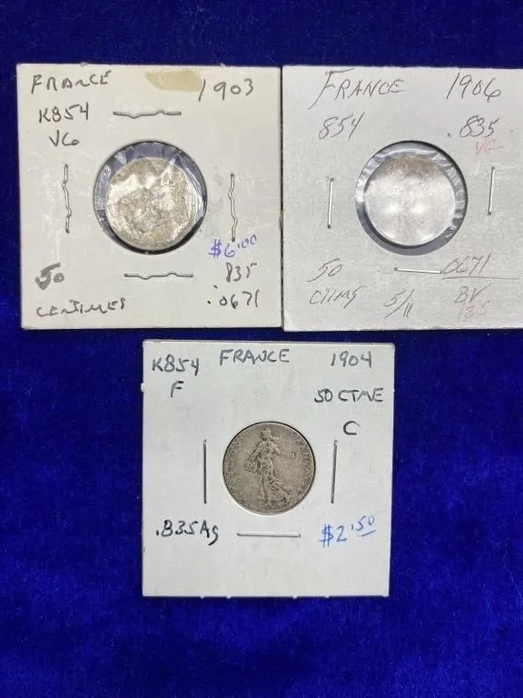 France 50 Centimes Silver Coins (3), 1903-1906