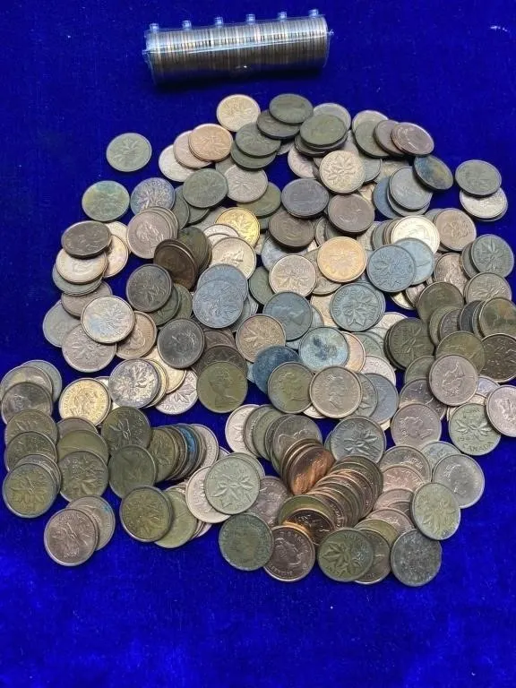 Lot of Canadian 1-Cent Coins with Coin Tube