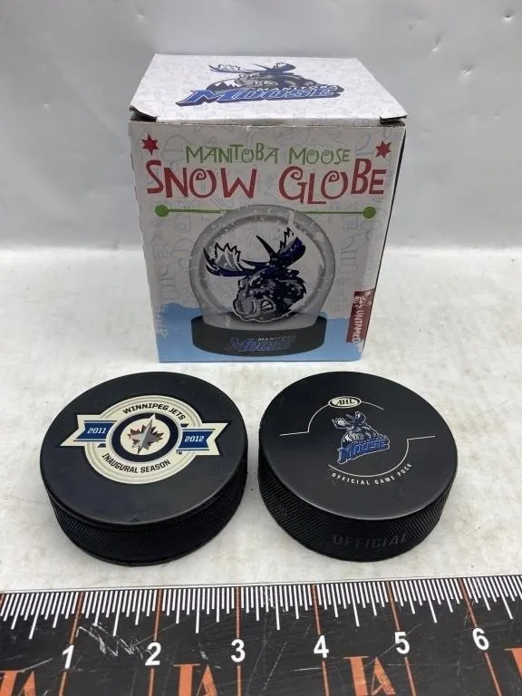 Manitoba Moose Snow Globe & Hockey Pucks (2)