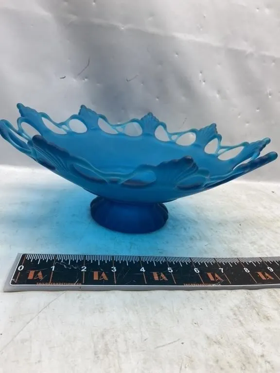 Blue Satin Glass Lace-Edge Pedestal Bowl