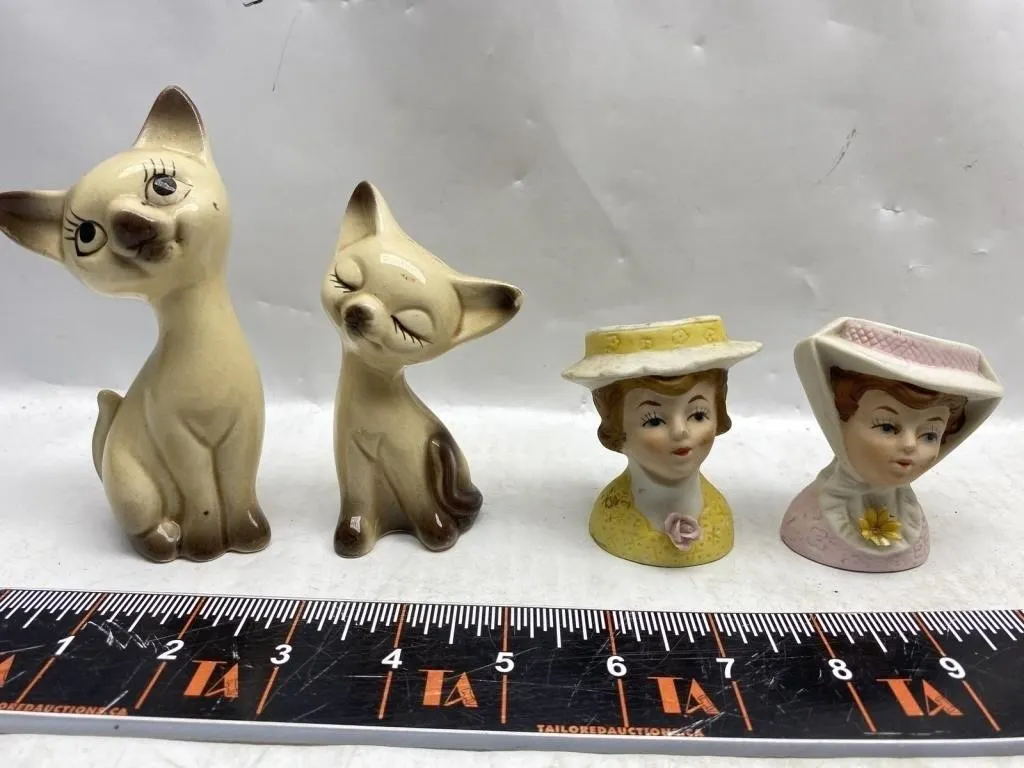 Ceramic Cat Figurines, Lady Head Vases & Bottle