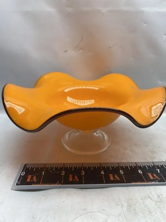 Orange Ruffled Glass Footed Bowl, 9" Diameter