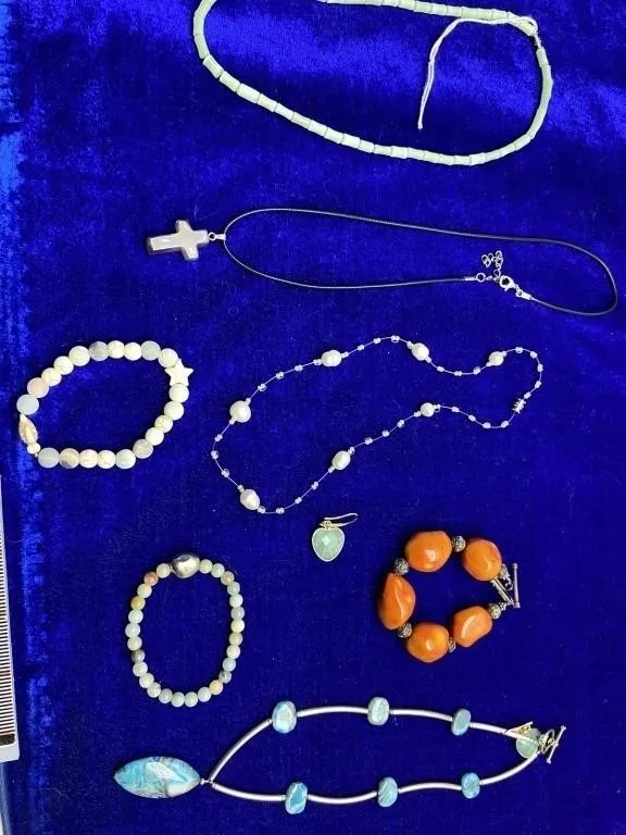 Assorted beaded jewelry: necklaces, bracelets,