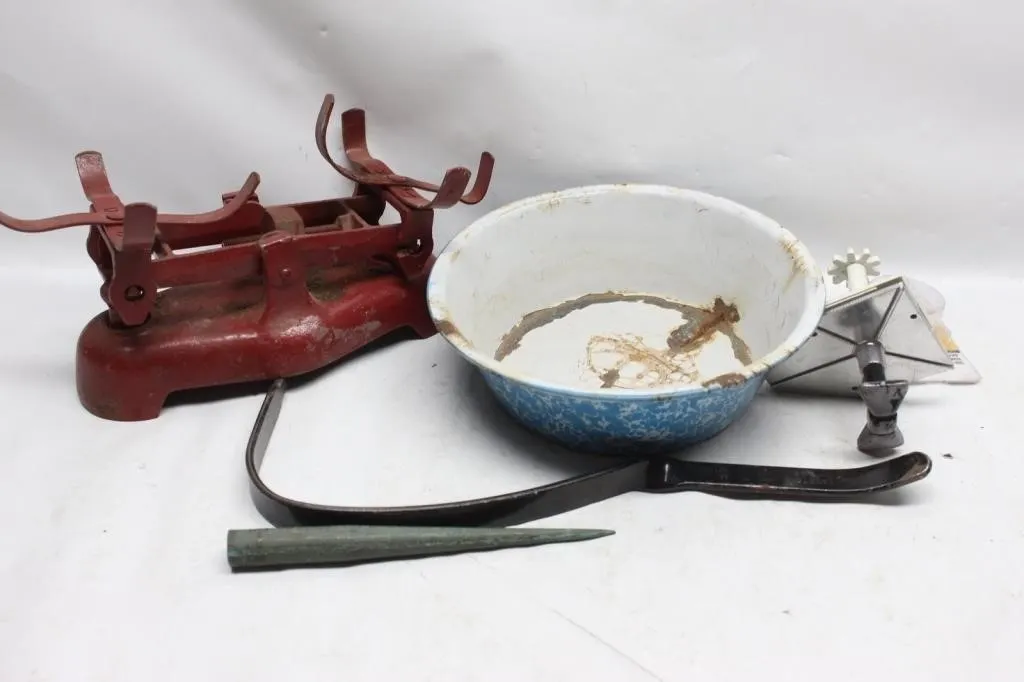 Antique Scale, Enamelware Bowl & Vintage Kitchen
