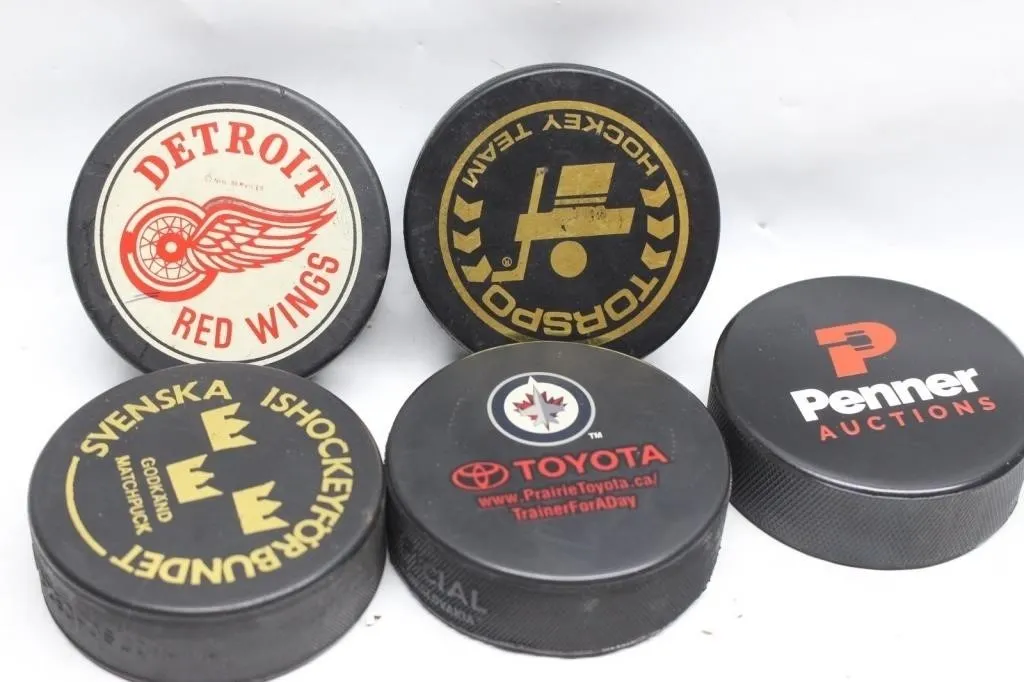 Set of 5 Hockey Pucks - Red Wings, Winnipeg & More