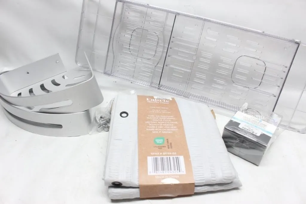 Bath Lot: Shower Liner, Caddy, Bins, Curtain Hooks