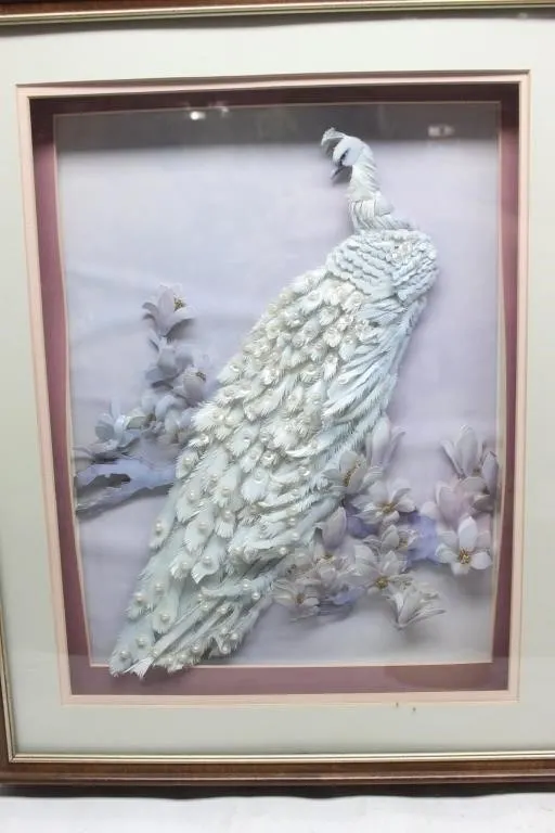 Framed Peacock Fiber Art & Toy Airplane Model