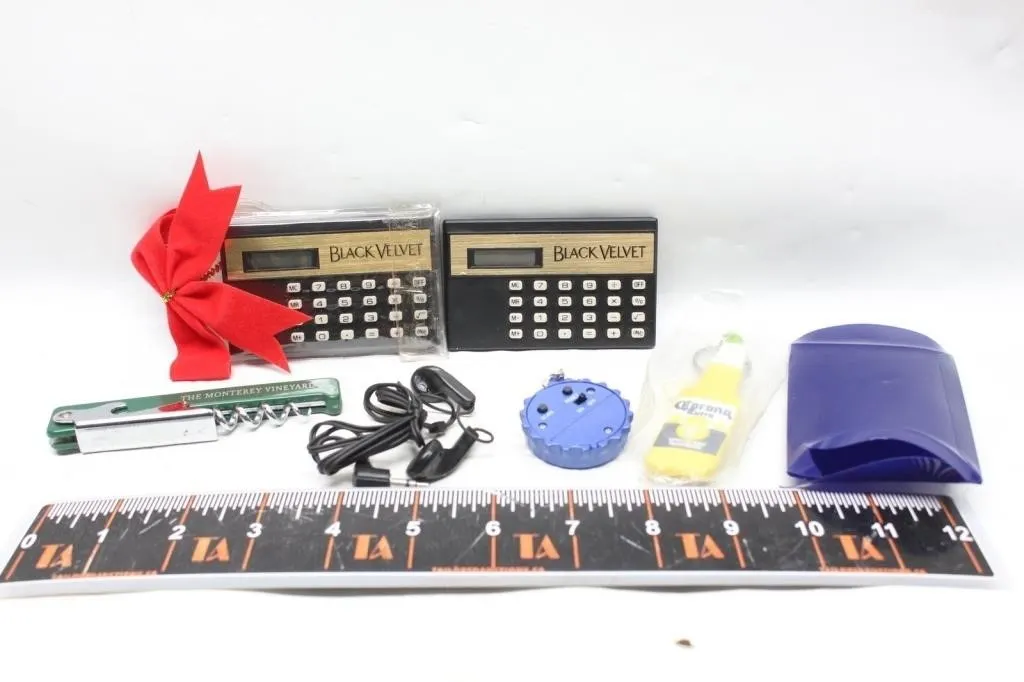 Black Velvet Calculators, Corkscrew, Earbuds &