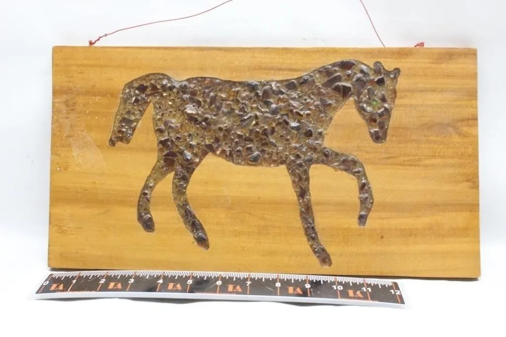 Wood plaque with mosaic glass horse design