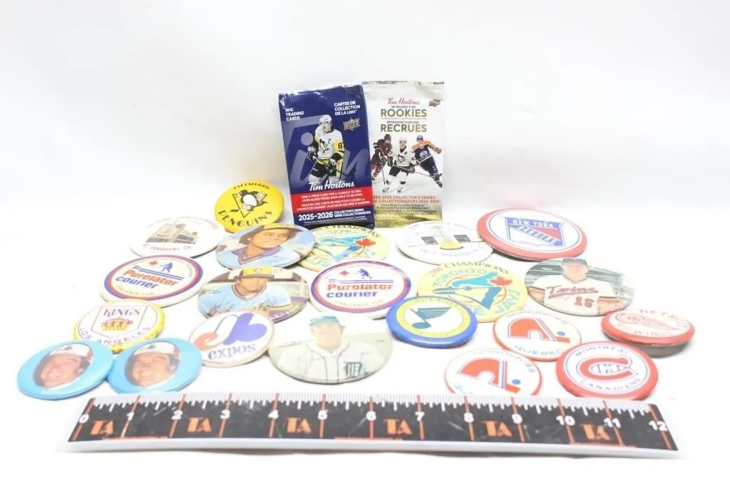 Sports Pinback Buttons & Tim Hortons Card Pack Lot