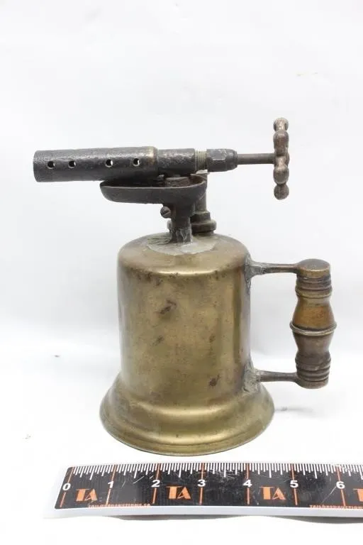Antique Brass Blow Torch with Wooden Handle