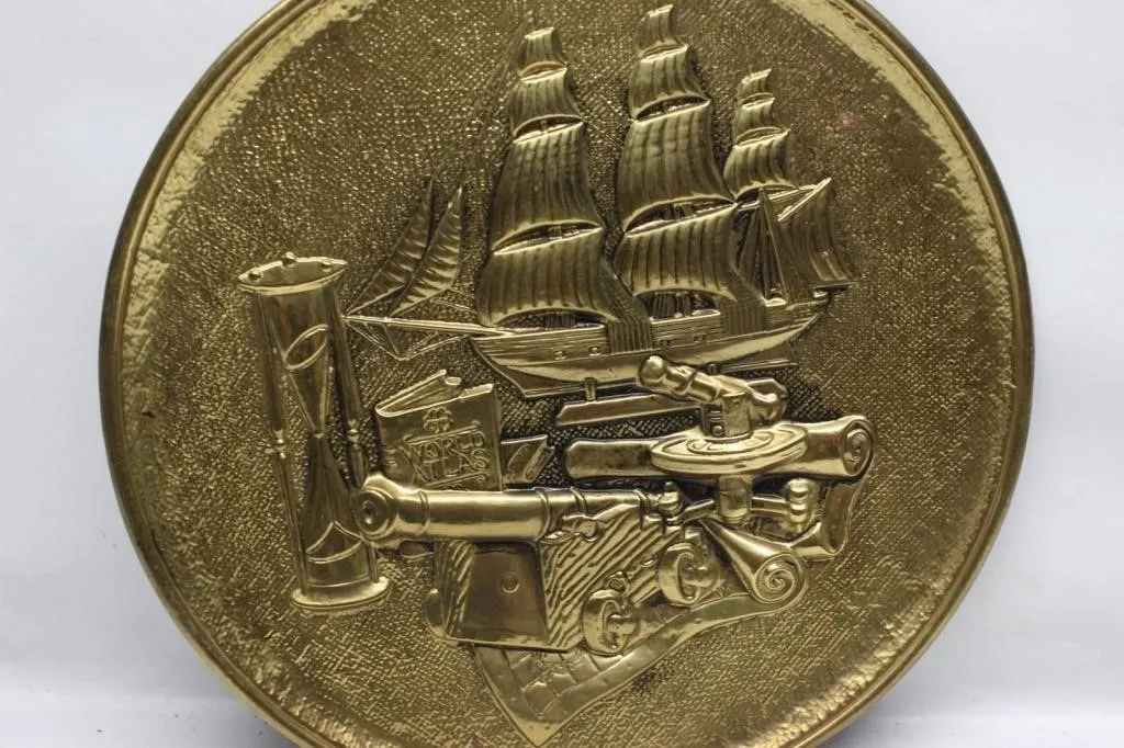 Brass Wall Plaque with Nautical Ship Relief Design