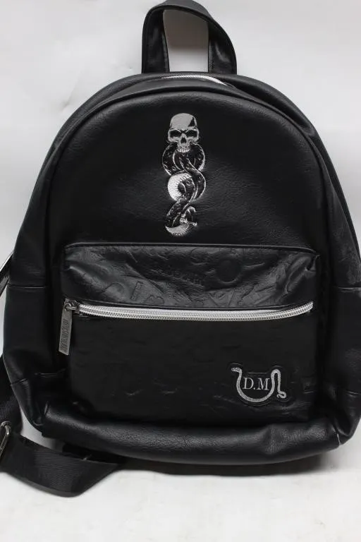 Black Faux Leather Backpack with Skull & Snake