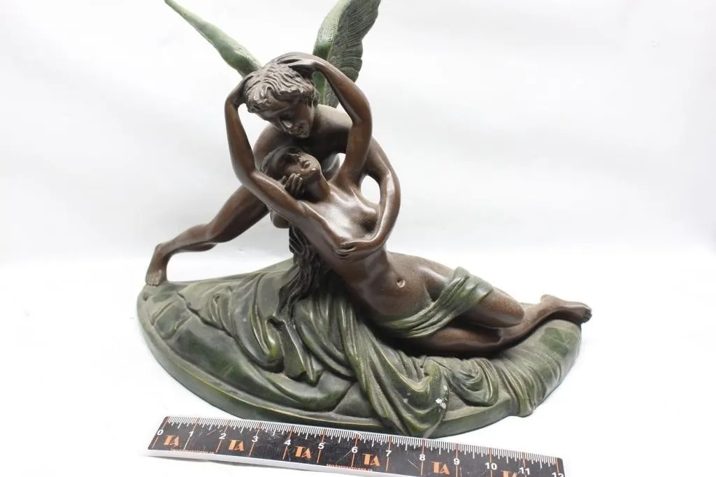 Bronze Sculpture of Winged Angel Embracing Woman