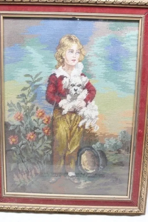 Needlepoint portrait & antique microscope with