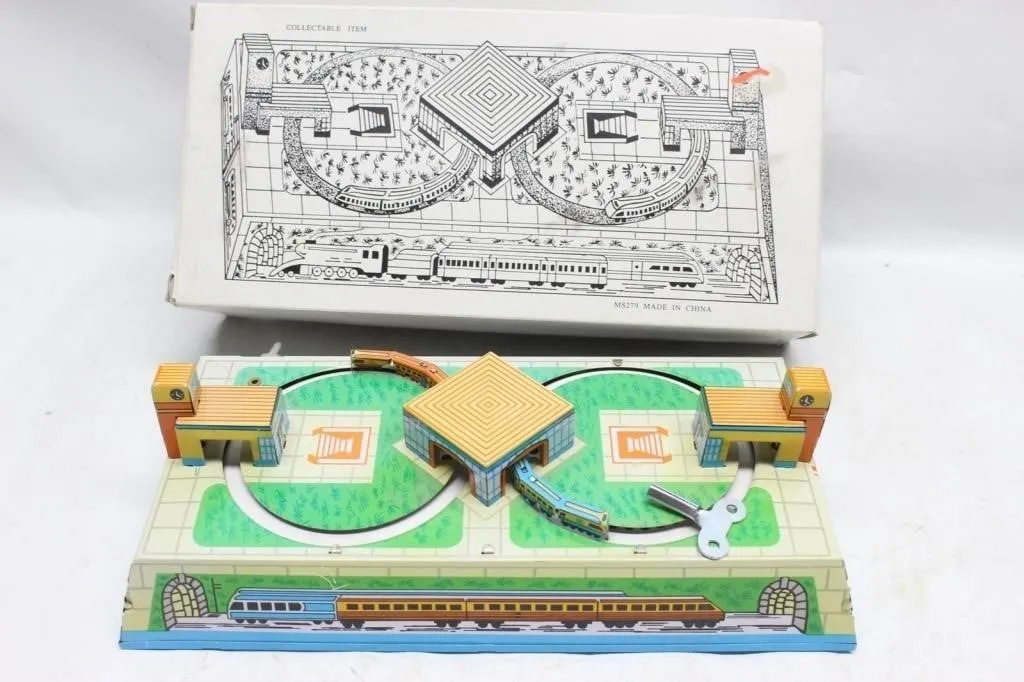 Tin Litho Wind-Up Train Station Playset, MS279