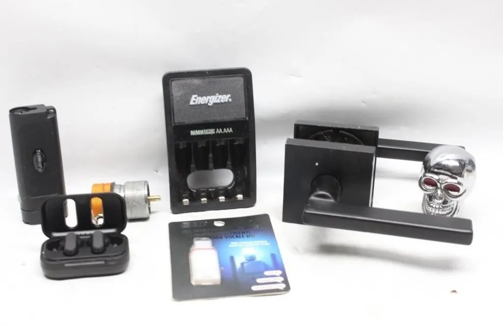 Mixed Lot: Torch, Earbuds, Charger, Door Handle