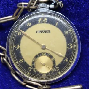 Bulova Pocket Watch with Chain, Engraved Case