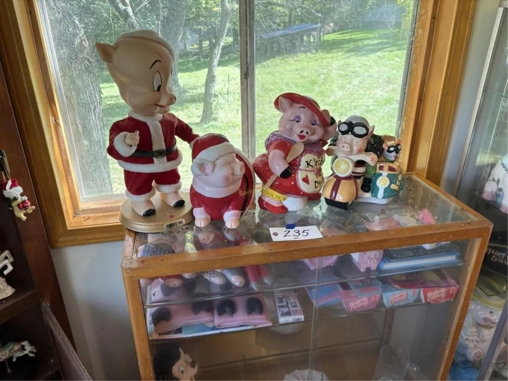 Wood Display Case w/Cookie Jars & Pigs