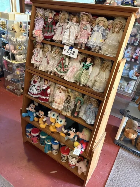Wood Shelf w/Dolls, Disney Figures & Cups