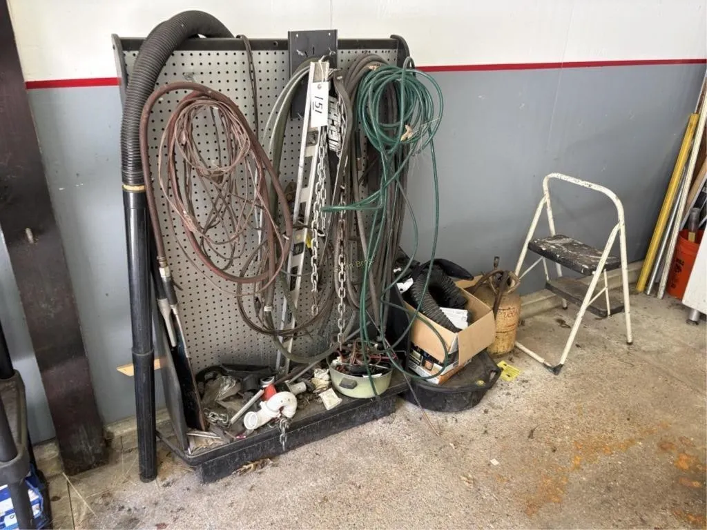 Peg Board Stand w/contents. Level, Chain etc