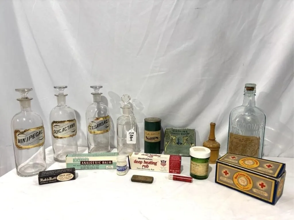 Vintage medicine bottles, tubes, tins....